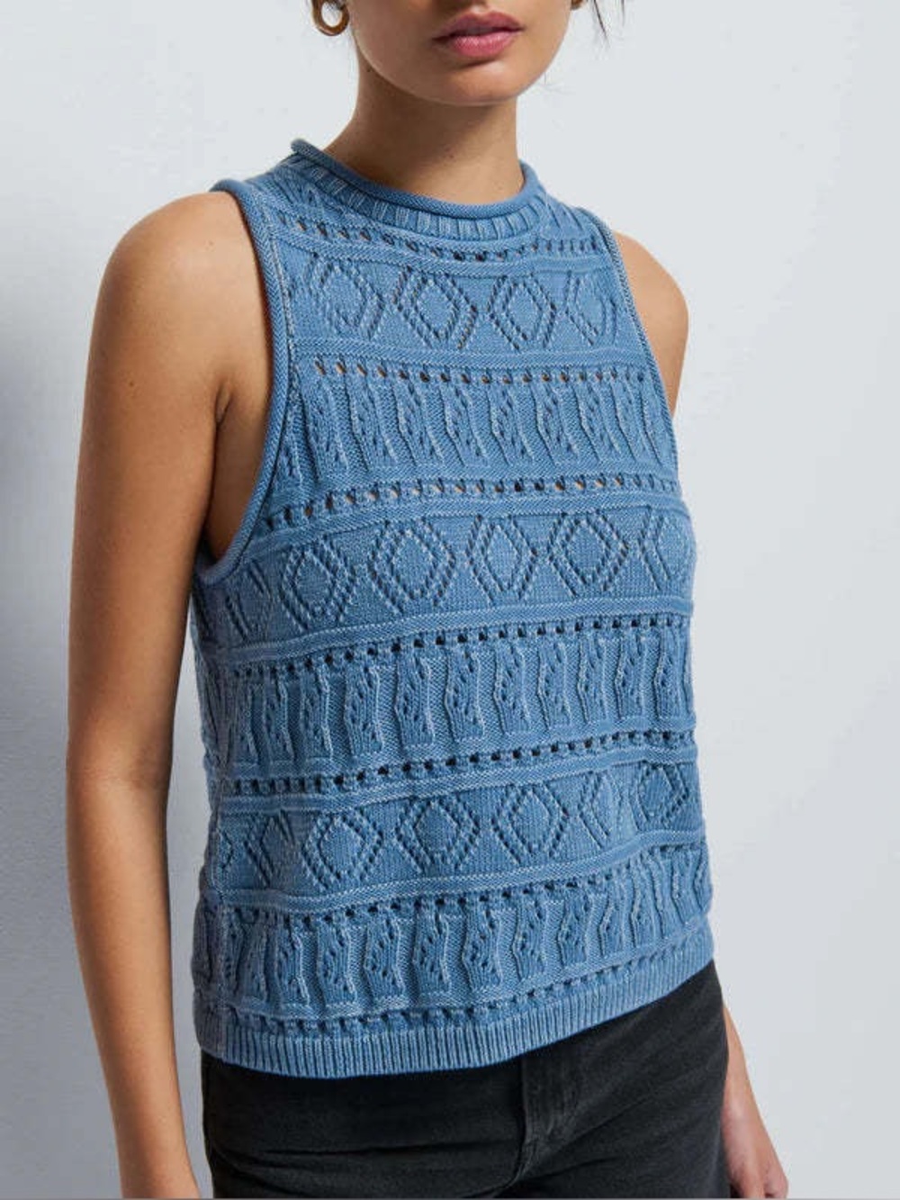 Nation LTD Lina Pointelle Sleeveless Sweater Vest Faded Denim Size M